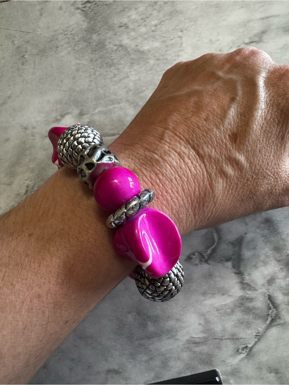 Pink Bead Stretch Bracelet with Silver Accents - Picture 2 of 2
